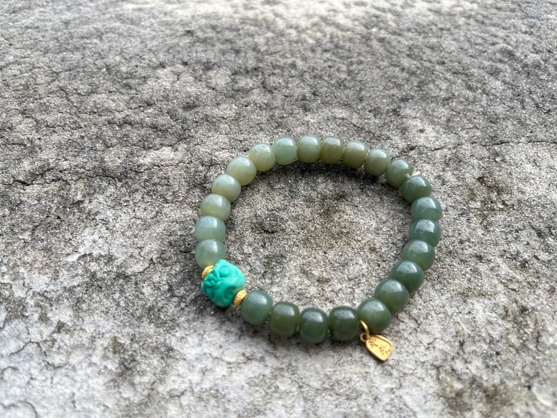 7mm天然和田玉 /和阗玉-且末蓝 镁菱矿醒狮设计单圈手串手持 - 手链/手环 - 玉石 蓝色