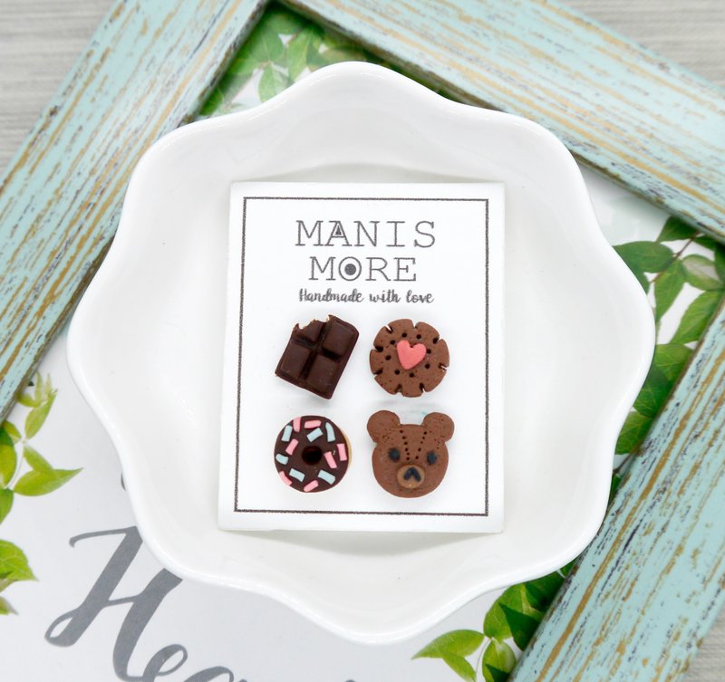 巧克力耳环4件组－ 小熊饼干 甜甜圈 耳环 可改夹式 - 耳环/耳夹 - 粘土 