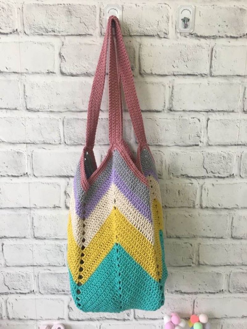 手作纯棉配色大容量编织包/肩背包/购物袋/渡假包~气质款 - 侧背包/斜挎包 - 棉．麻 