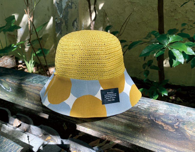 拉菲草异材质双面渔夫帽 黄灰大圆及黄蓝花款 - 帽子 - 其他材质 黄色