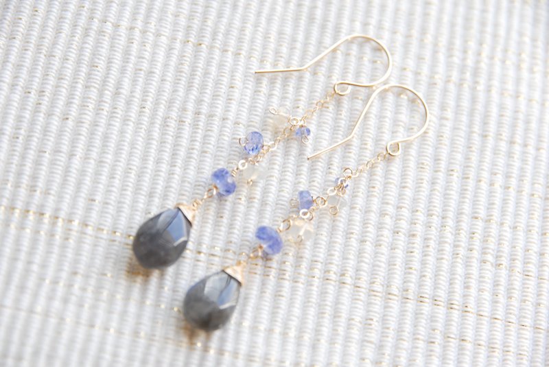 Jewel matter Labradorite and pierced earring of the Tanzanite and Opal  14kgf - 耳环/耳夹 - 宝石 蓝色