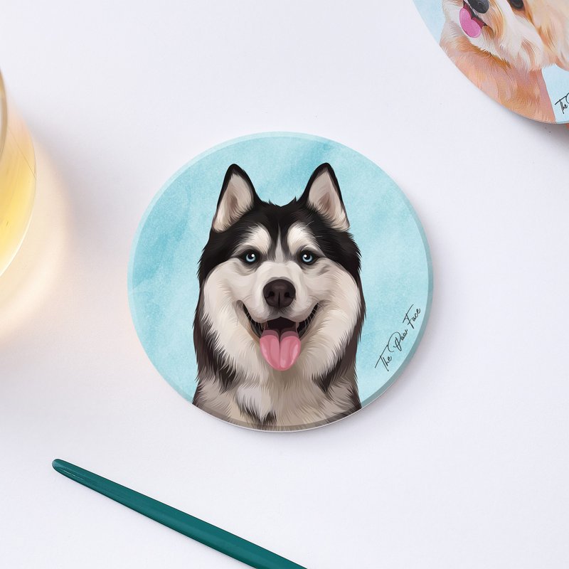 雪橇 哈士奇 狗狗-圆型陶瓷吸水杯垫/动物/居家用品 - 杯垫 - 陶 