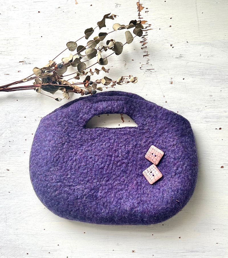 方形钮扣 羊毛毡手提包 深紫色 附斜背带 - 手提包/手提袋 - 羊毛 紫色