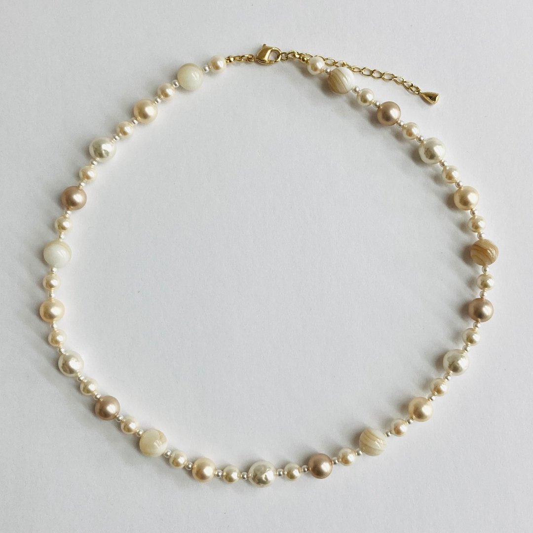 混色珍珠多色项链 / 6x8mm 约43cm / 自然色混搭 / G / 日本制造 - 项链 - 玻璃 白色