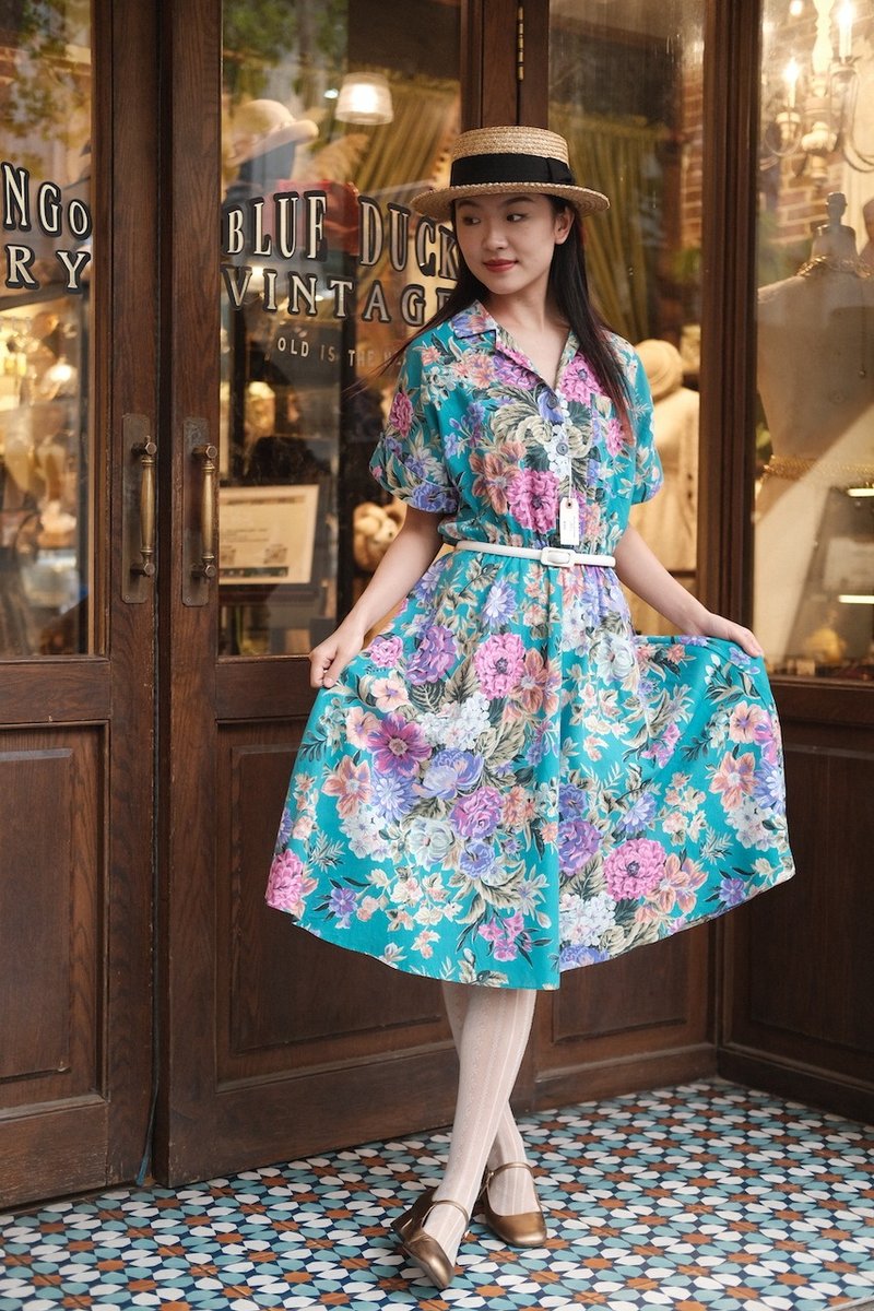 vintage dress衬衫领印花连衣裙古着 - 洋装/连衣裙 - 棉．麻 