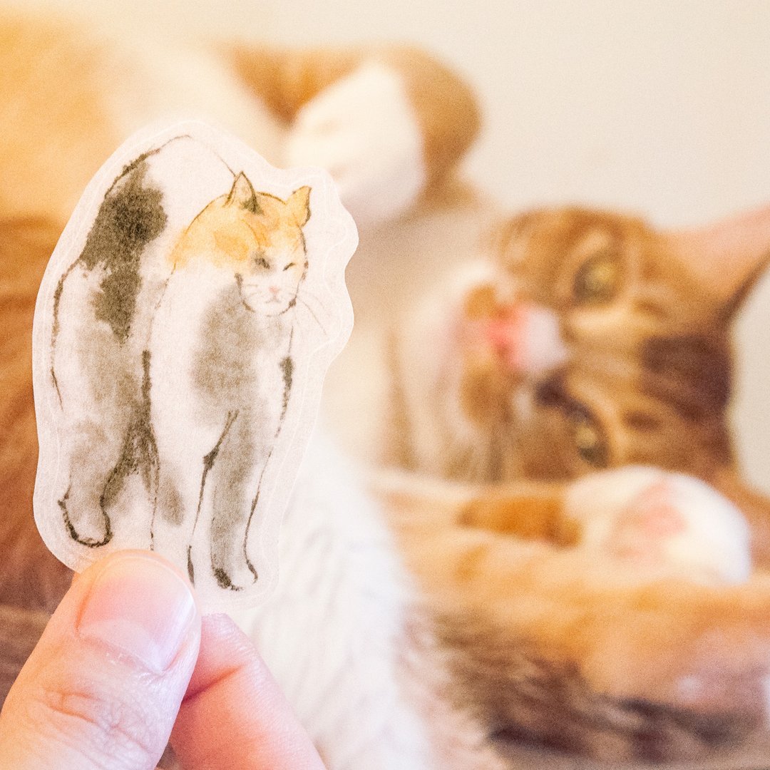 水墨猫咪和纸贴纸 - 伸懒腰的猫 - 贴纸 - 纸 橘色