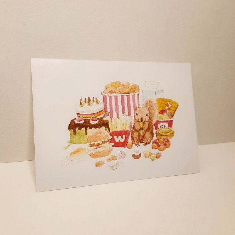 美食家松鼠梦娜原创水彩插画明信片卡片 - 卡片/明信片 - 纸 多色