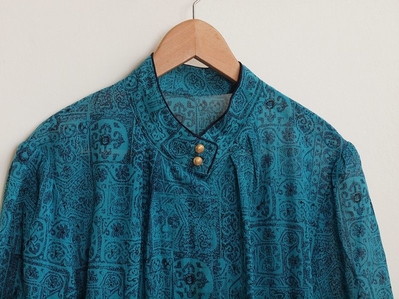 │moderato│文艺立领图腾古着洋装｜复古女孩.伦敦.欧洲文艺 - 洋装/连衣裙 - 聚酯纤维 蓝色