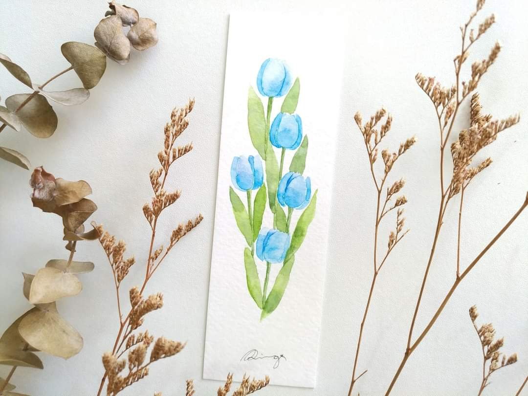 蓝色郁金香水彩花草插画书签 礼物卡片 (原画) - 卡片/明信片 - 纸 多色