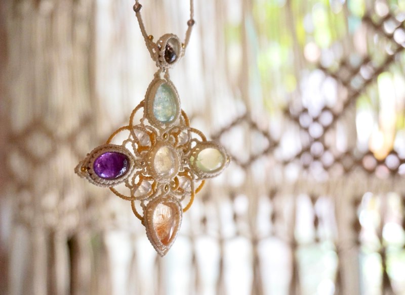 | MC | 天然太阳石月光石海蓝宝紫水晶葡萄石超七 编织项链 - 项链 - 宝石 