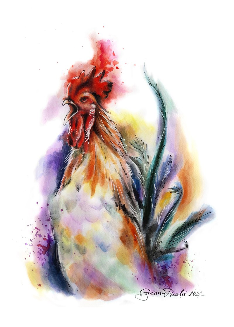 大公鸡绘画公鸡雀水彩艺术乡村美学农场风格艺术品 - 墙贴/壁贴 - 纸 多色