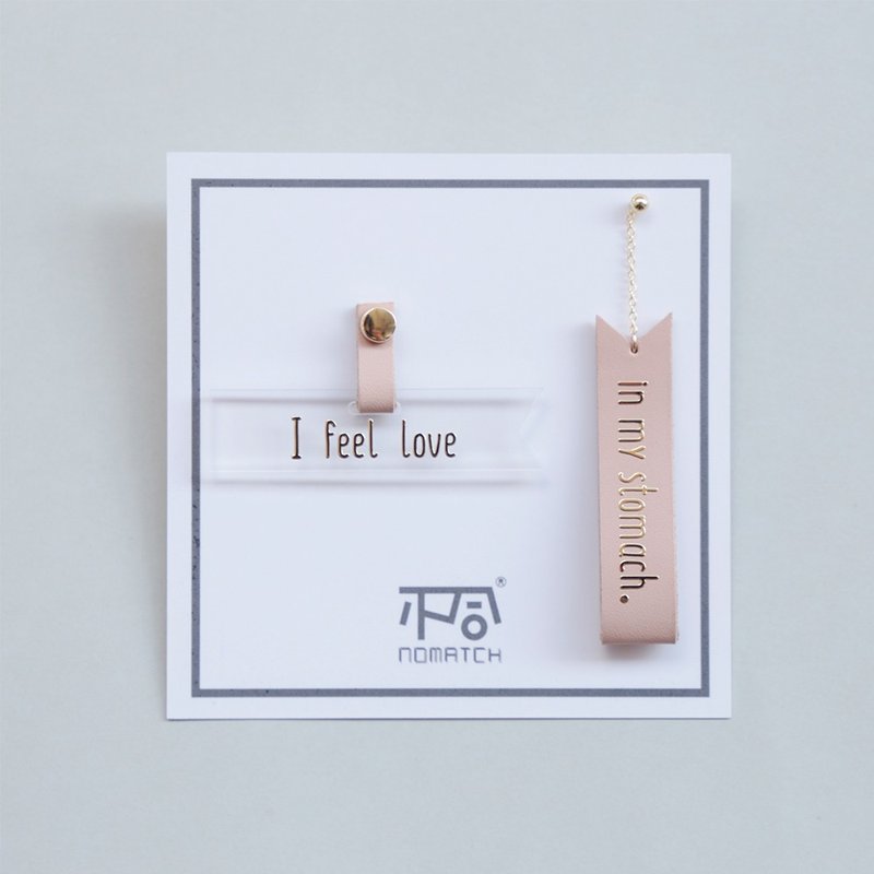 NoMatch不合设计原创字母粉金亚克力I feel love这个杀手不太冷leon电影标语牛皮材质混搭925纯银镀金不对称耳环耳钉 - 耳环/耳夹 - 真皮 粉红色