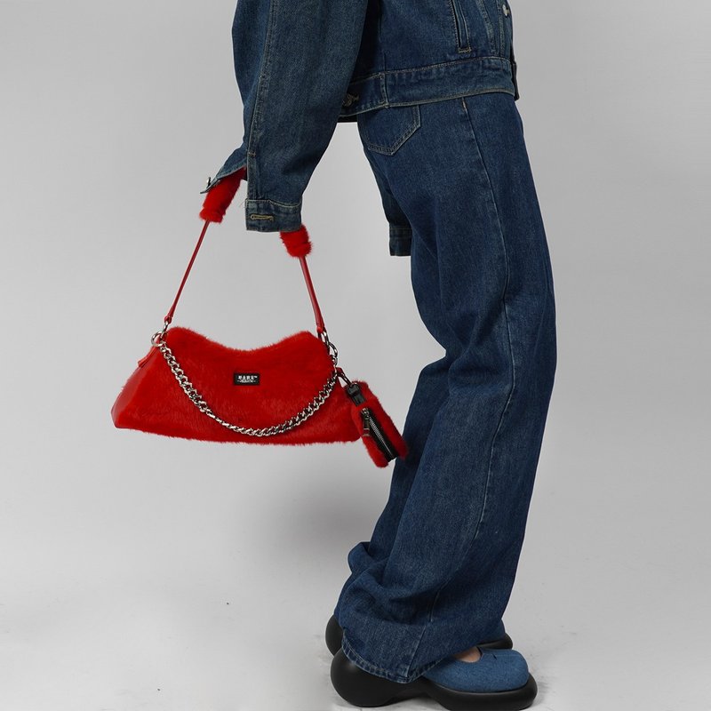 Rebirth野生设定原创单肩高级感辣妹斜挎手提纯色毛毛法棍腋下包 - 手提包/手提袋 - 其他材质 红色