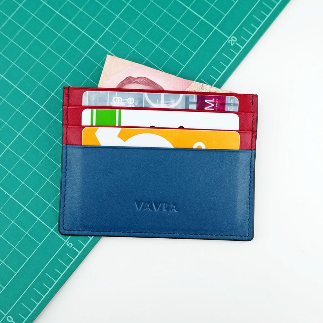 Navy Blue & Red trim Cow Leather Card Holder - 证件套/卡套 - 真皮 蓝色