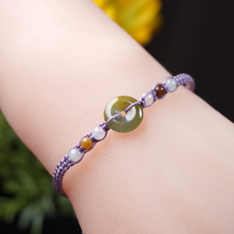 冰种黄加绿翡翠平安扣编织手链 | 天然A货翡翠 | 送礼 - 手链/手环 - 玉石 绿色