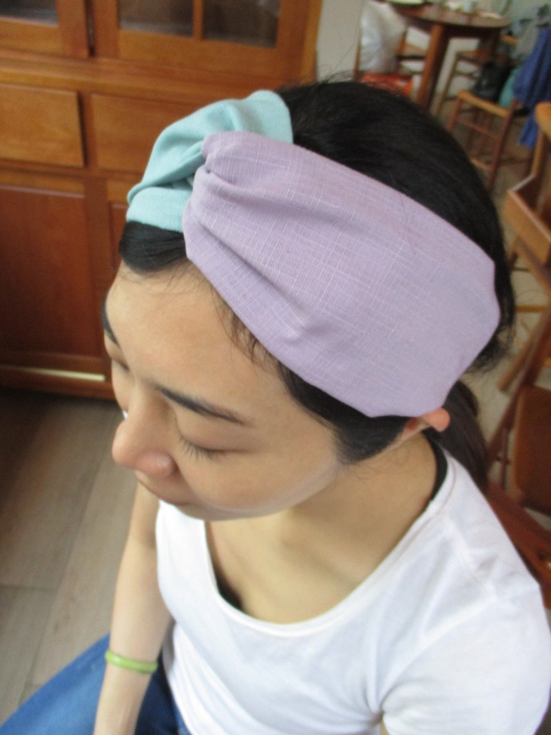 交叉发带(松紧手工)-双色薄荷绿/浅紫 - 发饰 - 棉．麻 多色