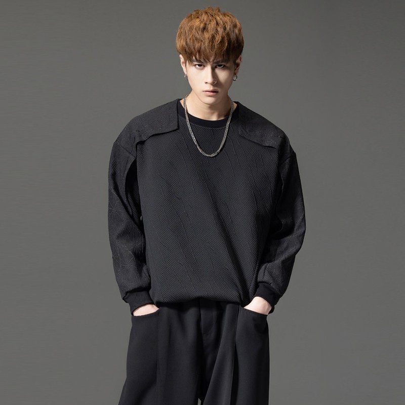 男士提花拼接套头卫衣 休闲黑色长袖上衣 - 男装上衣/T 恤 - 聚酯纤维 