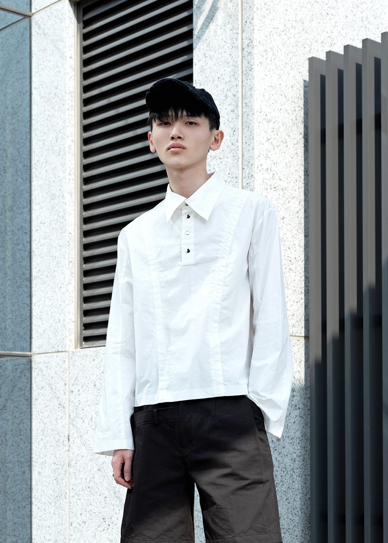 半开襟压扣上衣 - 男装衬衫 - 棉．麻 白色