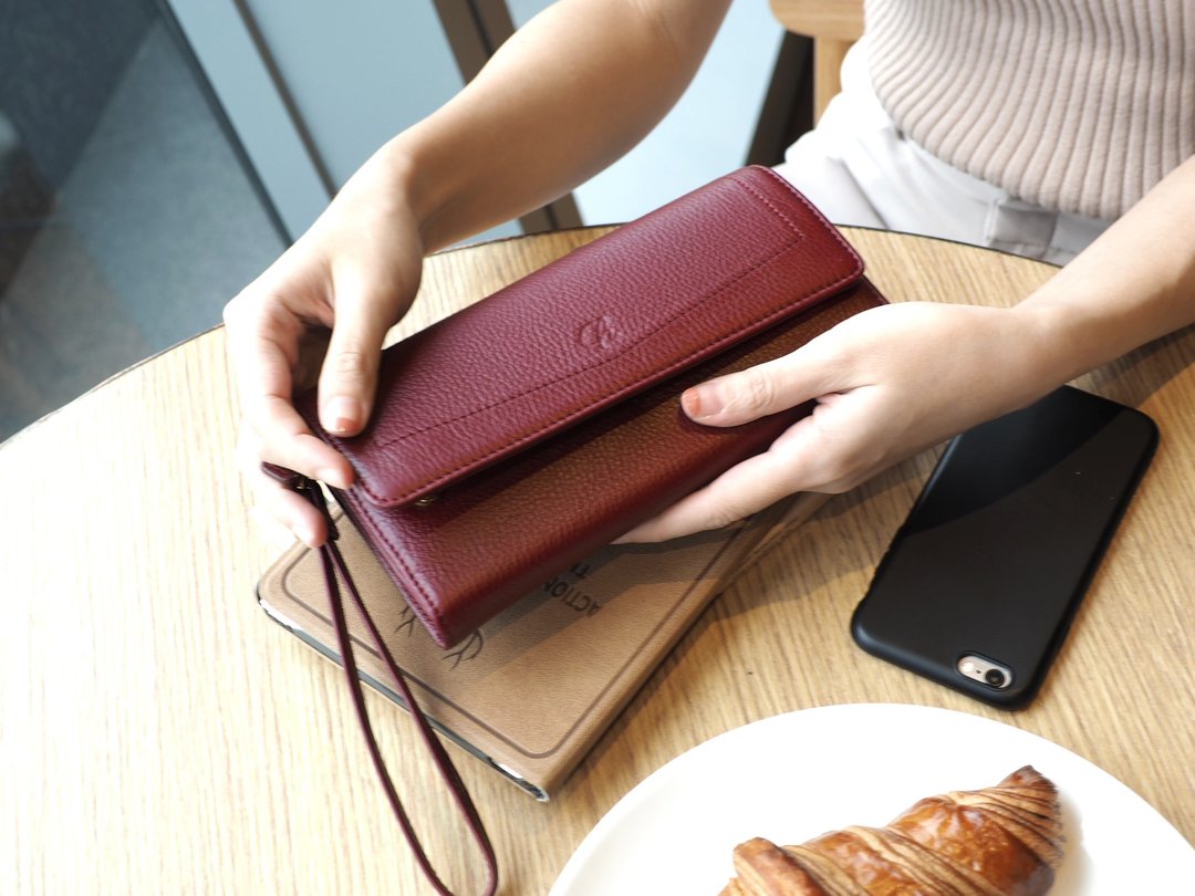 EVE (burgundy) : Long wallet, Cow leather wallet, dark red - 皮夹/钱包 - 真皮 红色