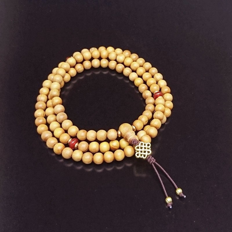 天然檀香木长手串 - 6mm 108粒 - 金色吉祥结款 - 手链/手环 - 木头 金色