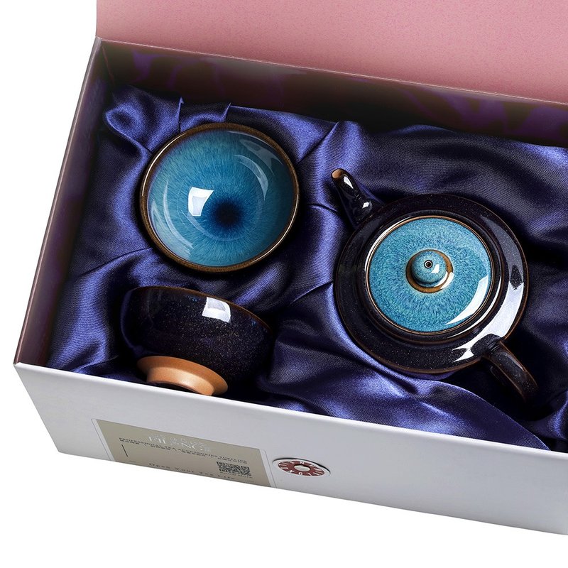 天目曜变3入礼盒-蓝(壶+2杯) - 茶具/茶杯 - 陶 蓝色