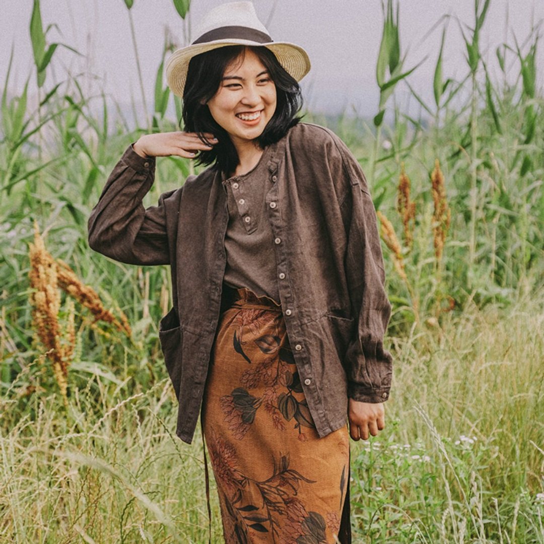 咖色 石榴皮染 100%亞麻男友風襯衫外套 中性Oversize 寬鬆大口袋 - 女装休闲/机能外套 - 棉 咖啡色