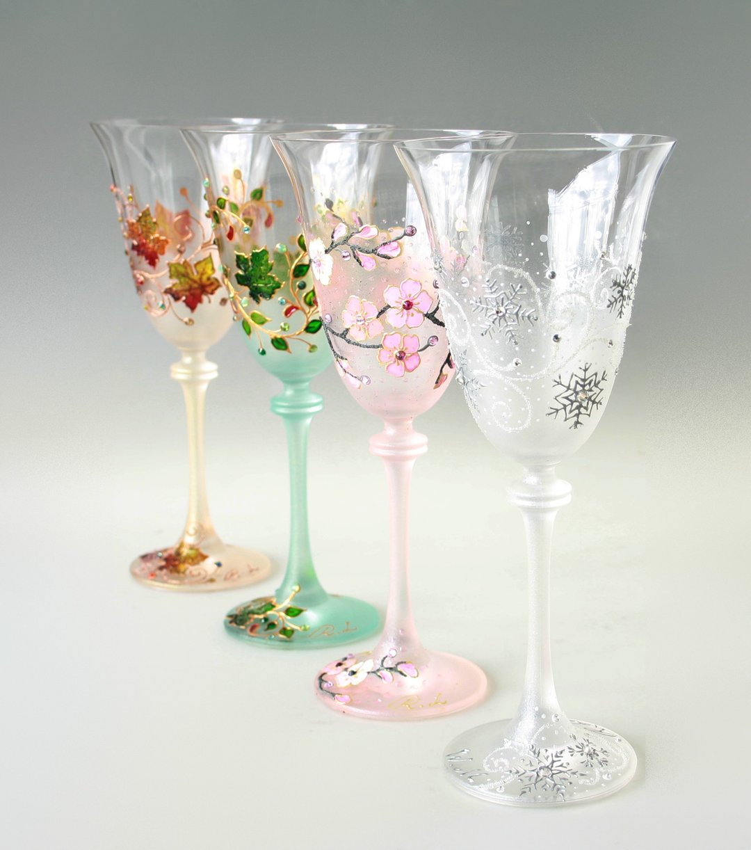 Four Season Crystal  Wine Glasses Set of 4 Hand painted - 酒杯/酒器 - 玻璃 多色
