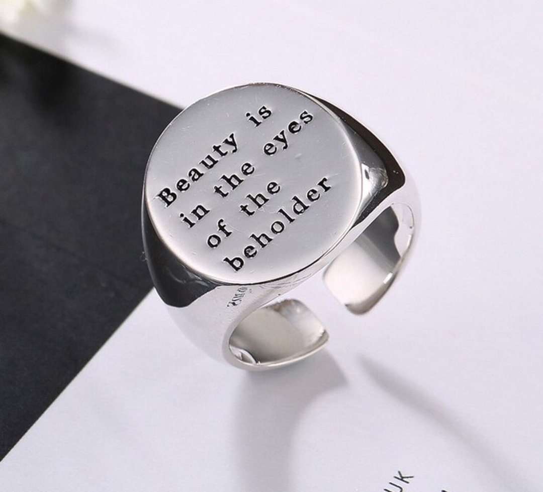 S 990 Fine Silver Women Engraved Letters Opening Rings Beauty is in the eyes - 戒指 - 银 银色