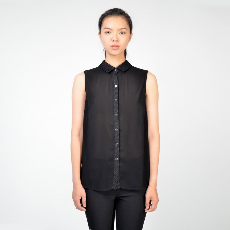 下摆前短后长无袖衬衫 - 女装衬衫 - 聚酯纤维 黑色
