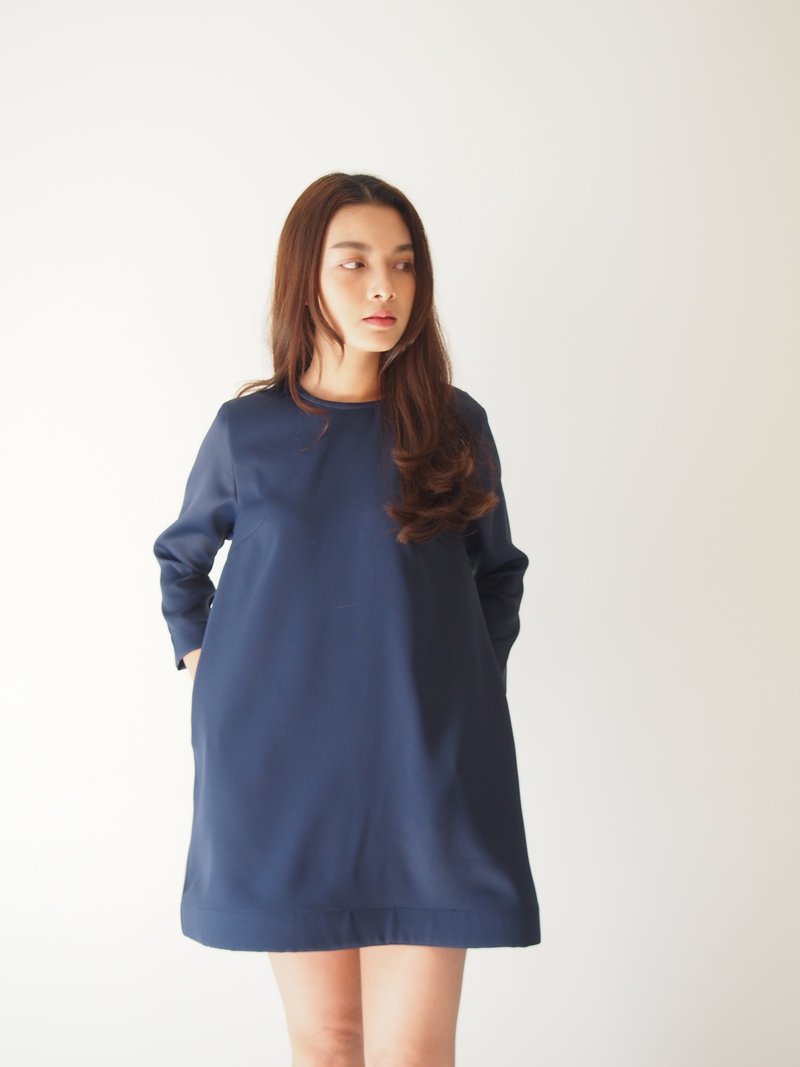 ManiBleu FETE - Long Sleeve Midi Dress - Navy - 洋装/连衣裙 - 聚酯纤维 蓝色