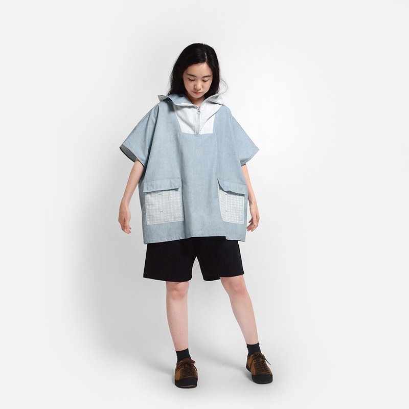 稿纸口袋拼接连帽斗篷上衣 - 中性连帽卫衣/T 恤 - 其他材质 蓝色