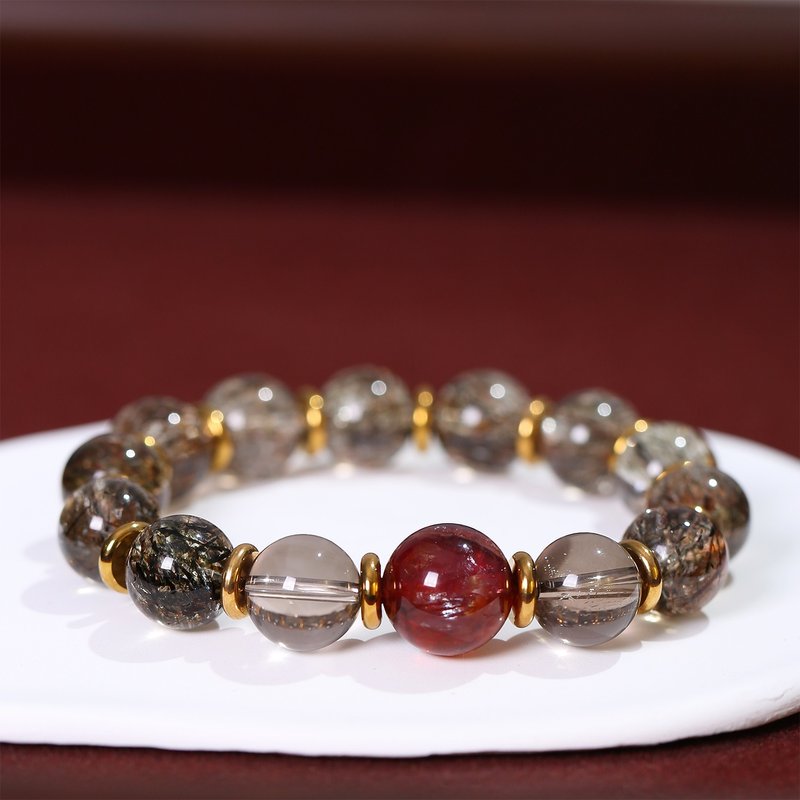 天然黑金超七搭配茶晶红胶花水晶手串老钱复古风秋冬手串 - 手链/手环 - 水晶 咖啡色