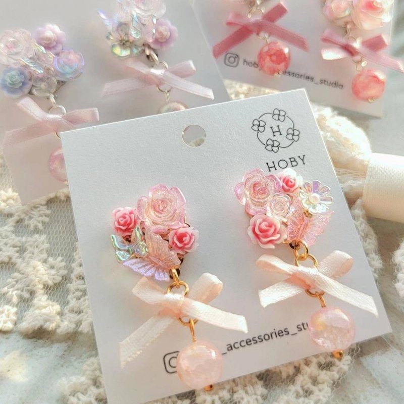 春风和畅 蝴蝶结 花 耳环 耳环/耳钉/耳夹 原创 手作 送礼 水晶 - 耳环/耳夹 - 不锈钢 