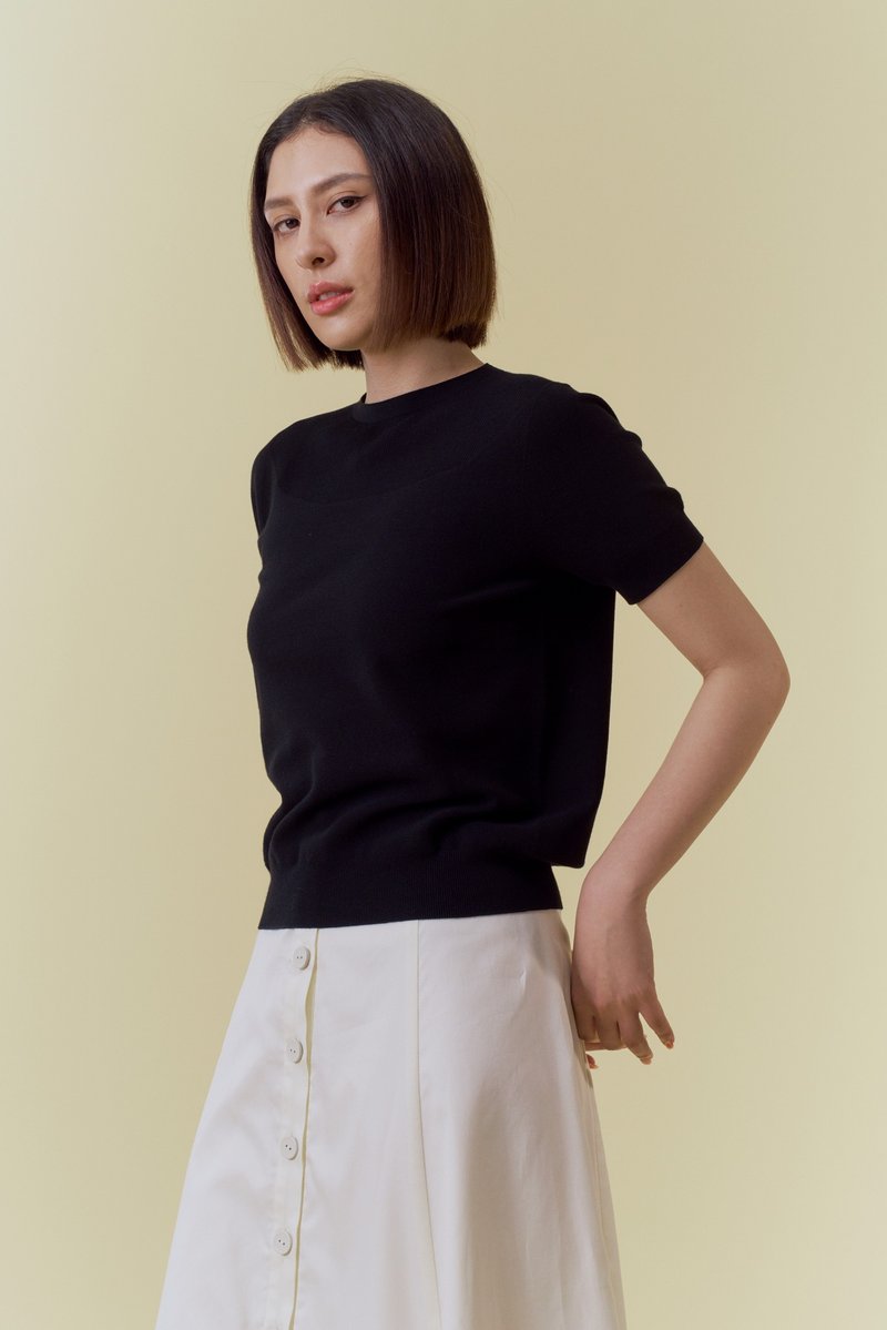 黑色圆领小包袖针织 - 女装针织衫/毛衣 - 聚酯纤维 黑色