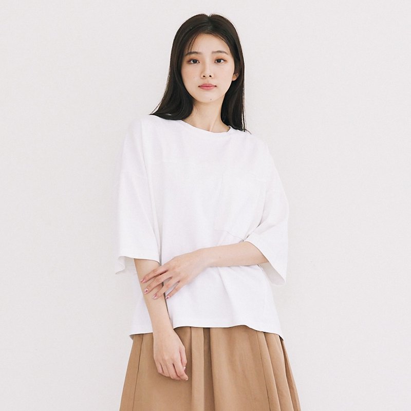 重磅口袋T 咖啡F - 女装上衣 - 棉．麻 白色