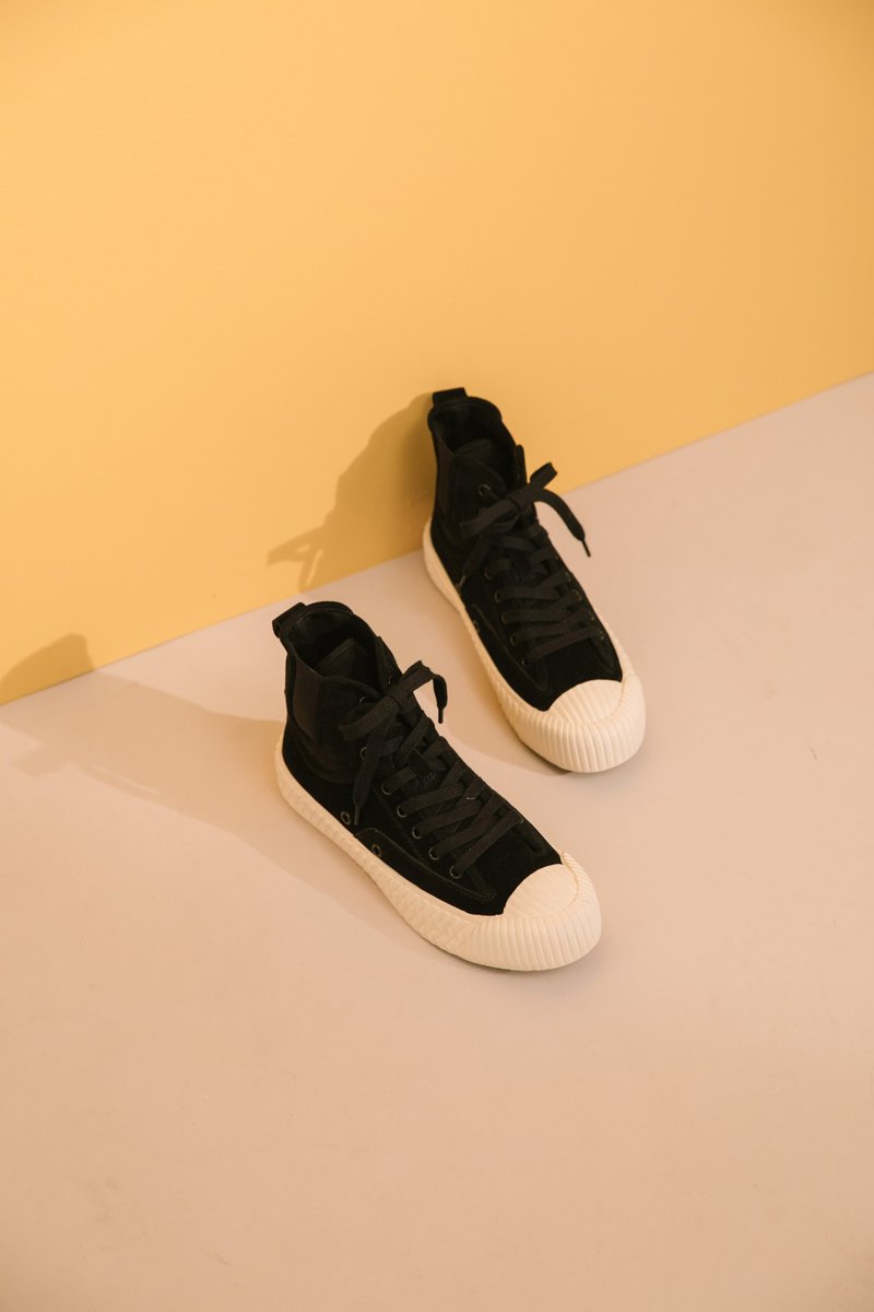 高筒麂皮饼干鞋-黑 - 女款短靴 - 真皮 黑色