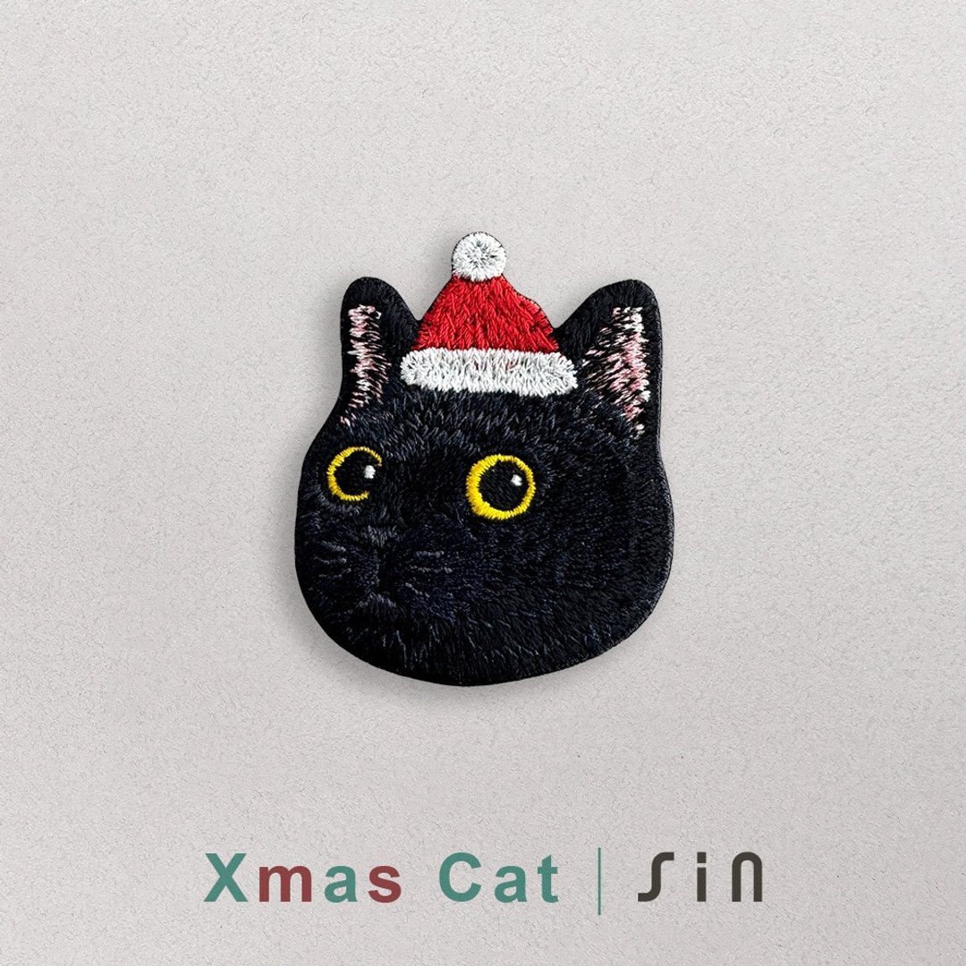 刺绣贴纸-圣诞帽小猫-黑猫炭球(XHC0013) - 贴纸 - 绣线 红色