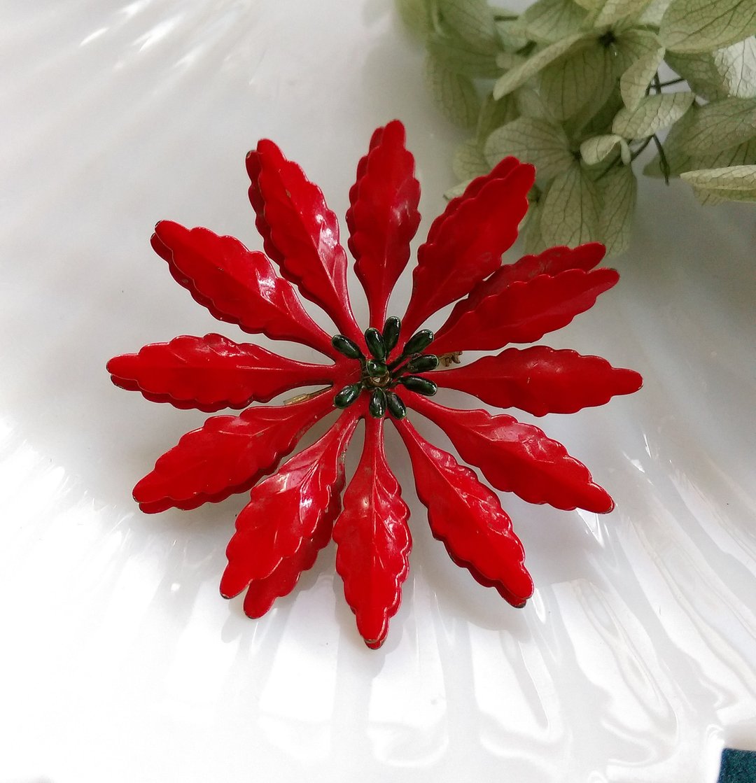 Vintage Jewelry 立体珐琅花 大红花叶 别针 胸针 - 胸针 - 其他金属 金色
