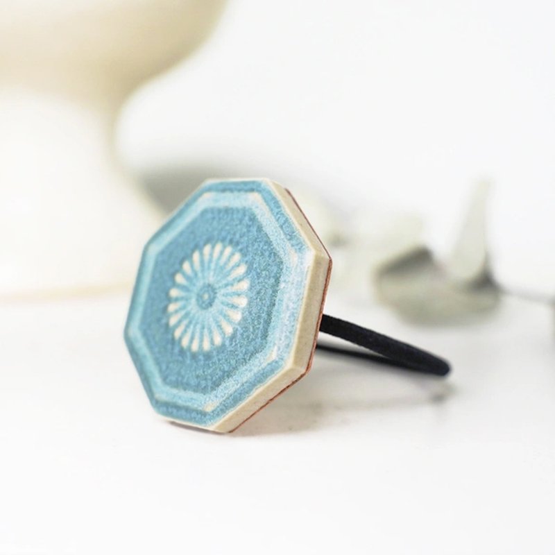 发圈 美浓烧 复古瓷砖 八角形 蓝绿色 真皮制 日本制 - 发饰 - 瓷 绿色