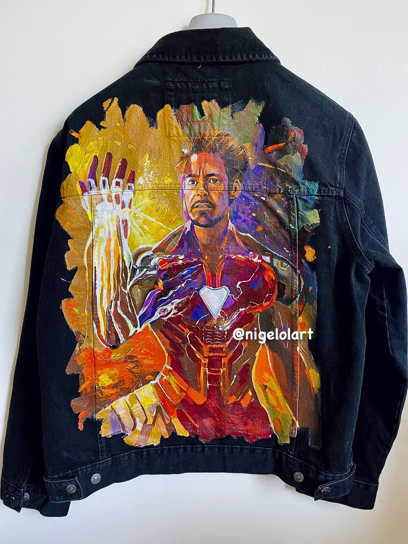 Painted Denim Jacket Handmade Custom jacket Iron Man Marvel Gift for him Gift - 男装外套 - 棉．麻 多色