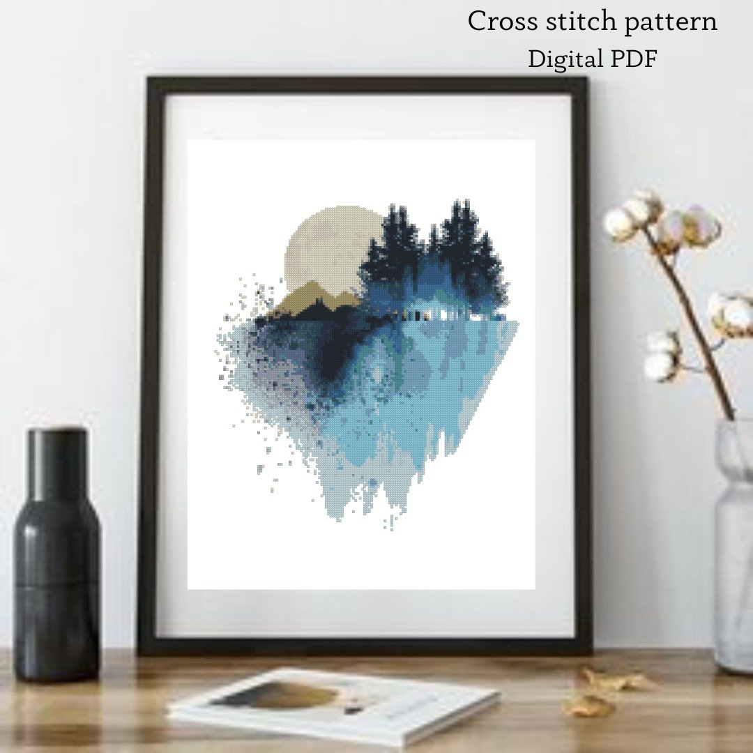 Blue Watercolor landscape Cross Stitch Pattern Instant Download PDF Counted cros - 手工艺教程/工具书 - 其他材质 