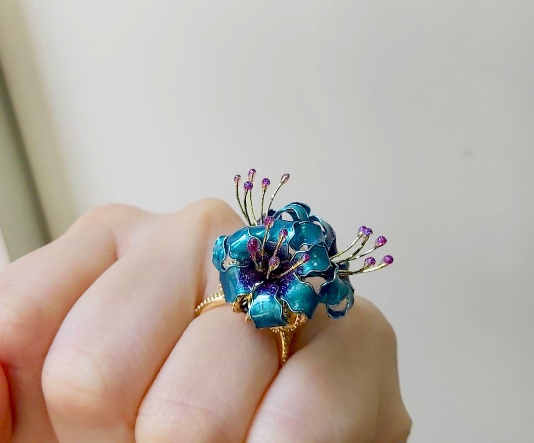 彼岸花系列【孔雀蓝】~花球戒指 (可调式活动戒围) - 戒指 - 其他材质 蓝色