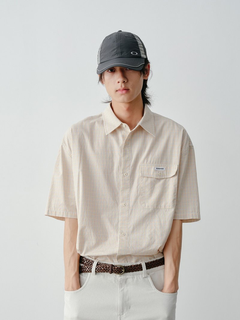 日系复古 小格纹短袖 薄款衬衫 - 男装衬衫 - 其他材质 