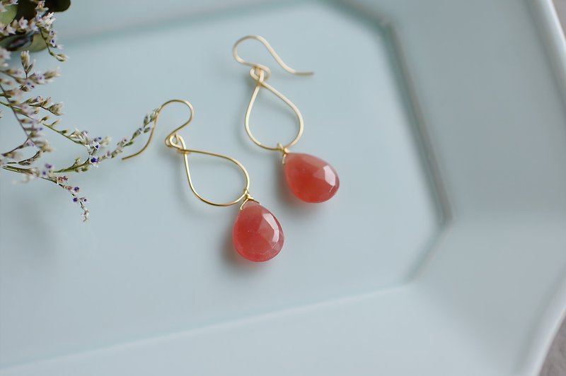 14kgf-Large Rhodochrosite teardrop earrings - 耳环/耳夹 - 半宝石 粉红色