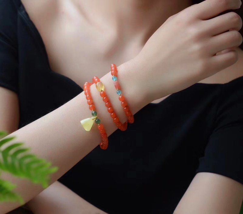 独家 -原创最美樱桃红天然南红三圈手链/成色非常好哦 - 手链/手环 - 半宝石 