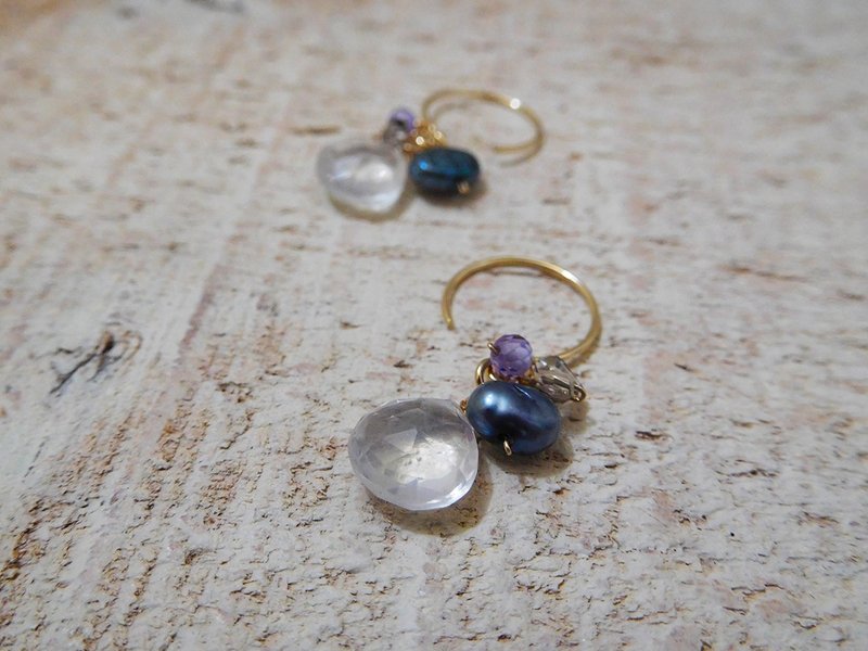 包 14k 金针透明石英灰蓝珍珠水晶耳环 可改夹 - 耳环/耳夹 - 其他材质 金色