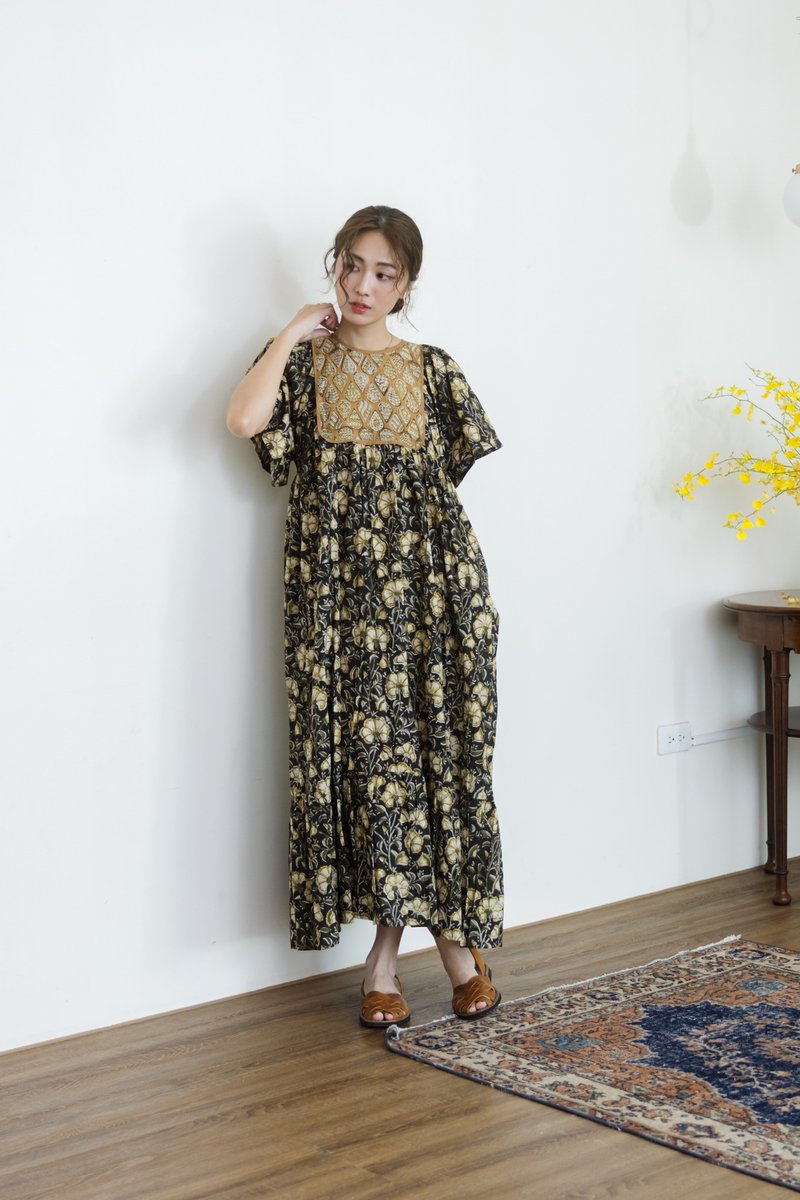 后扣宽短袖拼接长洋装_黑黄花 - 洋装/连衣裙 - 棉．麻 绿色