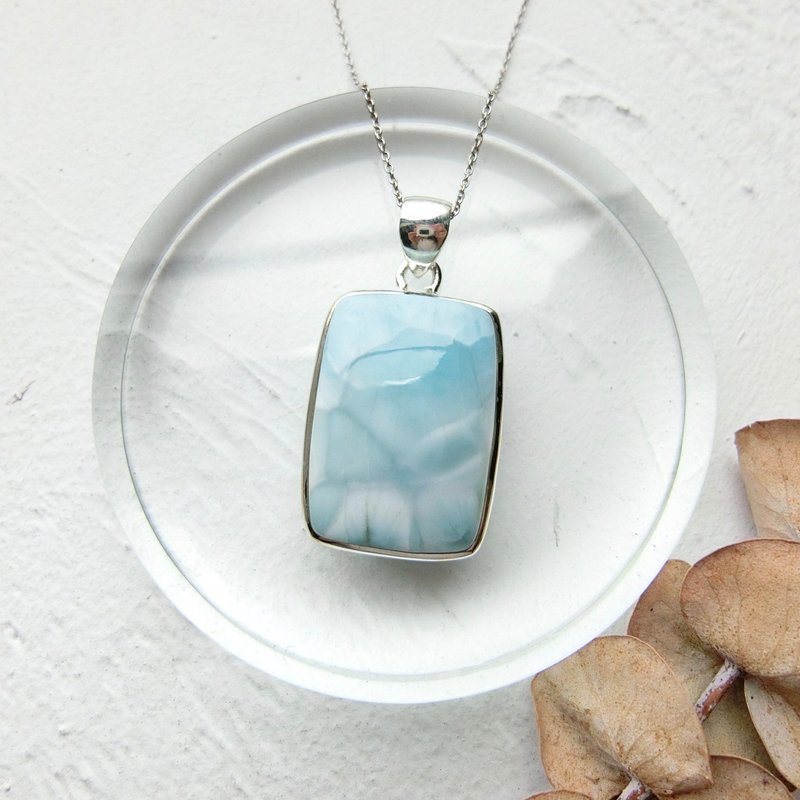 拉利玛海纹石925纯银简约镶边项链 款式1 - 项链 - 宝石 蓝色