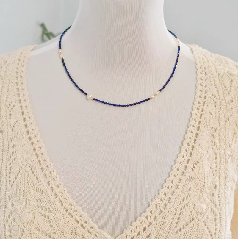 星光天空 天然原矿青金石 天然巴洛克珍珠 设计多圈手串项链f - 项链 - 半宝石 蓝色