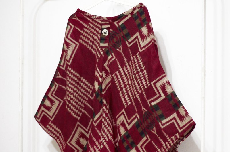 圣诞节礼物 限量一件针织纯羊毛披巾 / 民族风斗篷 / 印地安流苏披巾 / 波希米亚斗篷披肩 / 羊毛斗篷 / 手织围巾 - 摩洛哥 红色图腾世界 - 丝巾 - 羊毛 红色